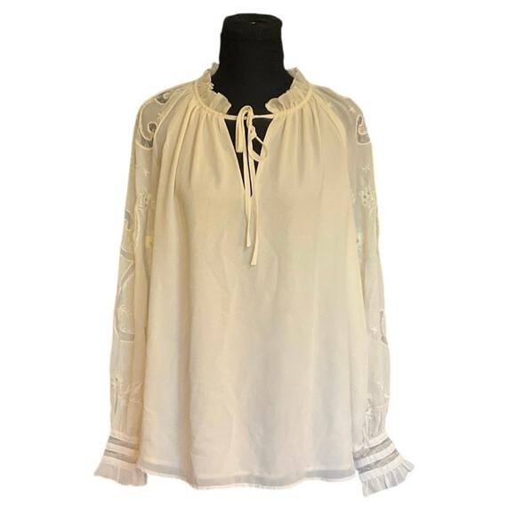 Lauren Ralph Lauren Off White Split Neck Sheer Sleeve  Demure Blouse Size XL - Picture 1 of 9